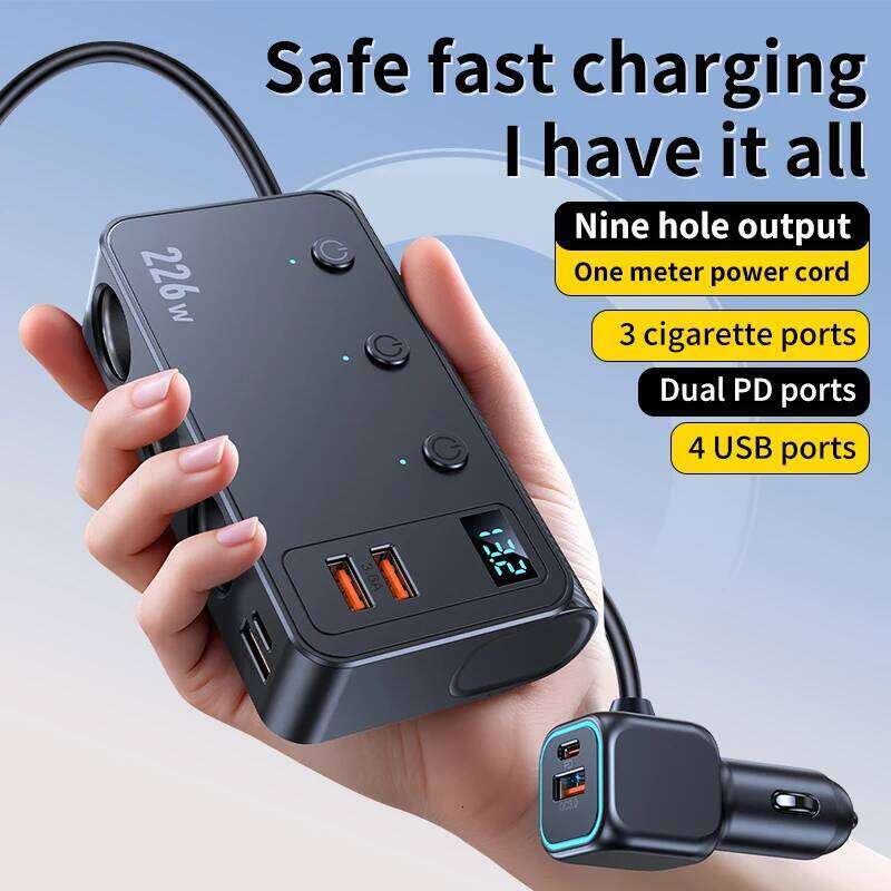 9 in 1 Cigarette Lighter Splitter 226W Car Charger Adapter with PD/QC 3.0 Charge 3.3FT Cable 12V/24V Independent Switches