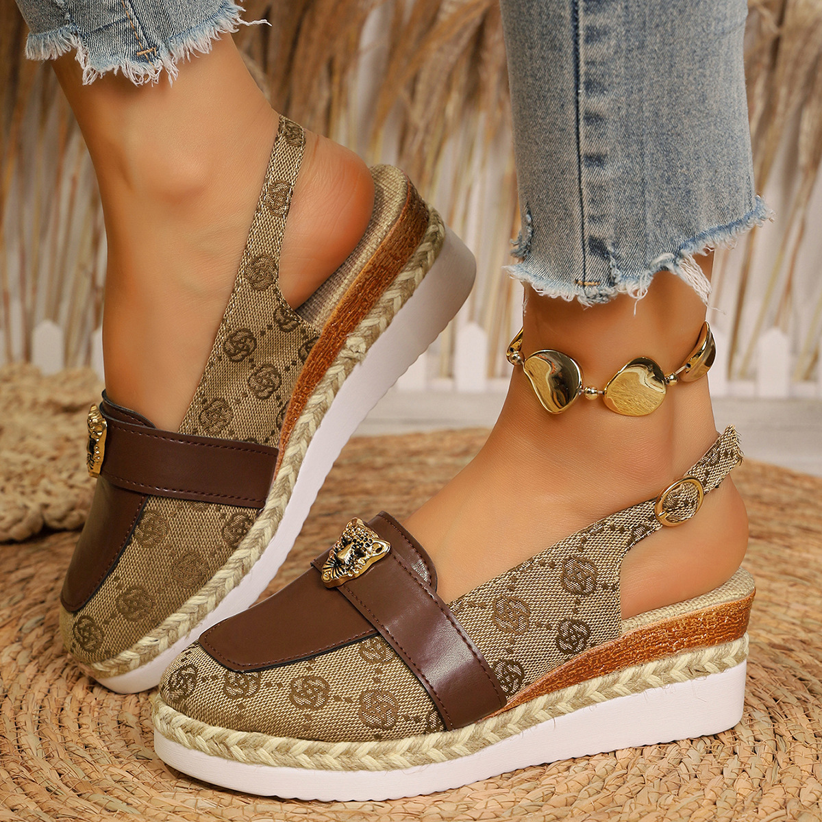 Free Shipping 2026 Spring Summer New Arrival Pointed Toe Platform Wedge Espadrille Thick Sole Color Block Sandals Printed Design Fashion Versatile W