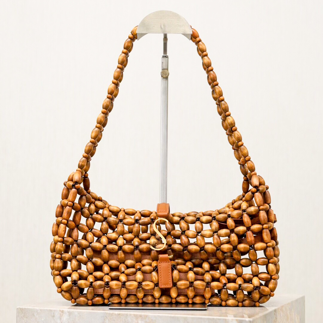 Womens Designer Tote Bag Wooden round bead Hobo Bag Luxury Woven Underarm Bag Retro Hollow Out Handbags Brown Purses Shoulder Bags Crossbody Bags Sh
