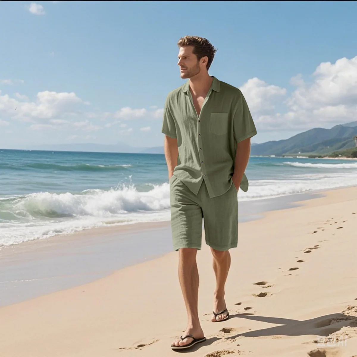 summer mens retro cotton and linen shirt set fashionable lapel button beach short-sleeved shirt and shorts two-piece set 260430