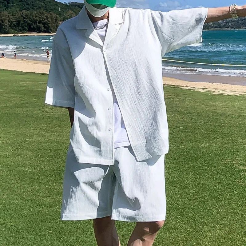 Summer Two-Piece Mens Sets Shirt and Shorts Casual Outfits Oversized Short Suit Plain Clothes Clean Fit Black White Green 260430