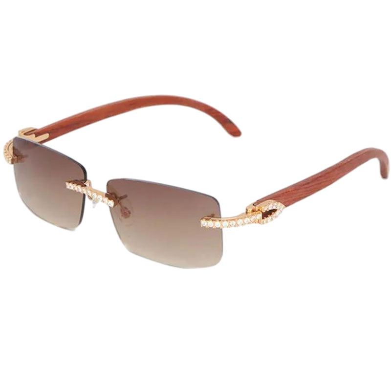 Moissanite Diamond Set Rimless Wooden Sunglasses for Women Designer Big Stones 2.5 Carat Diamond Sun glasses Wood Eyewear Men Women Sunlasses Lux-image-854987208