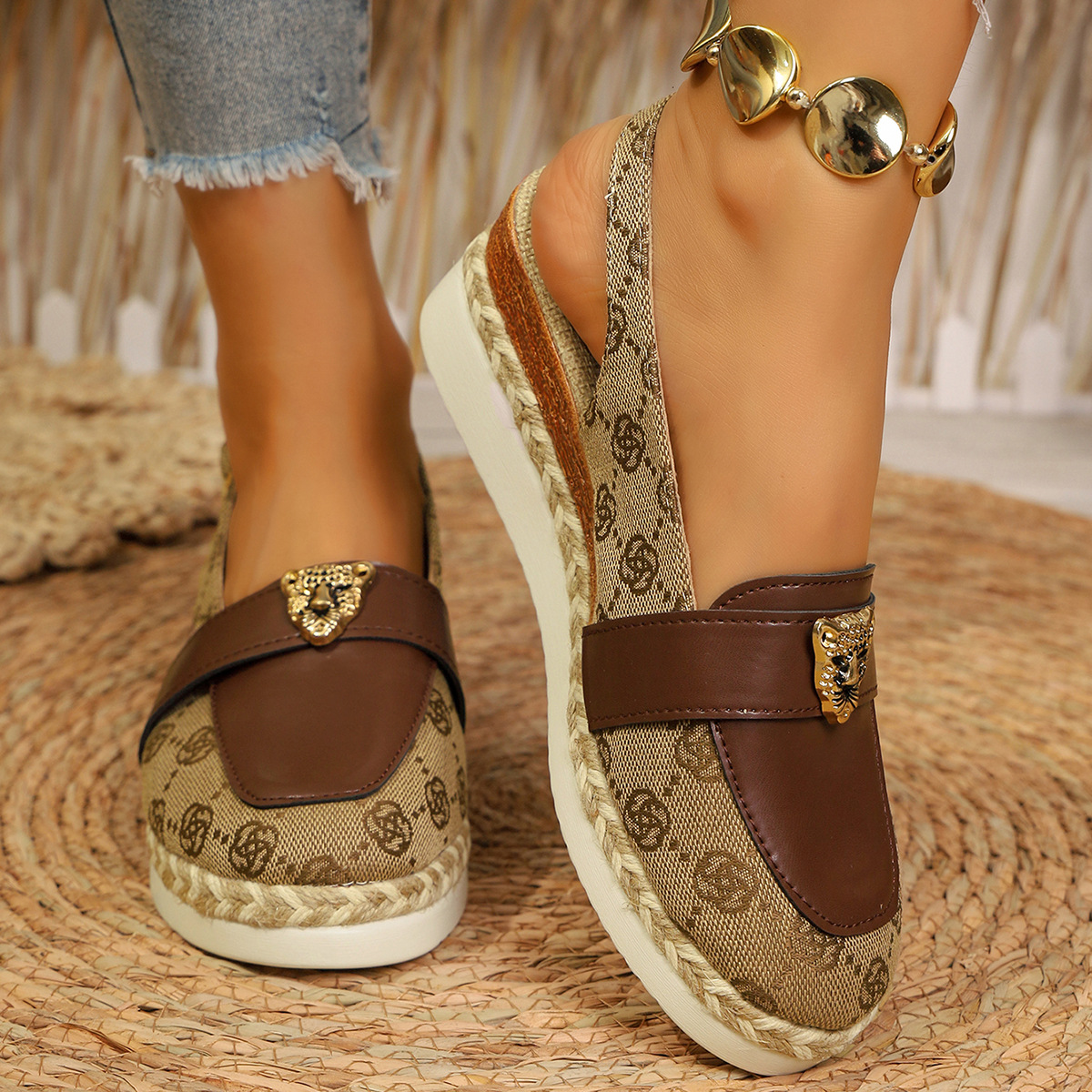 Hot Sale 2026 Spring Summer New Arrival Pointed Toe Platform Wedge Espadrille Thick Sole Color Block Sandals Printed Design Fashion Versatile Women