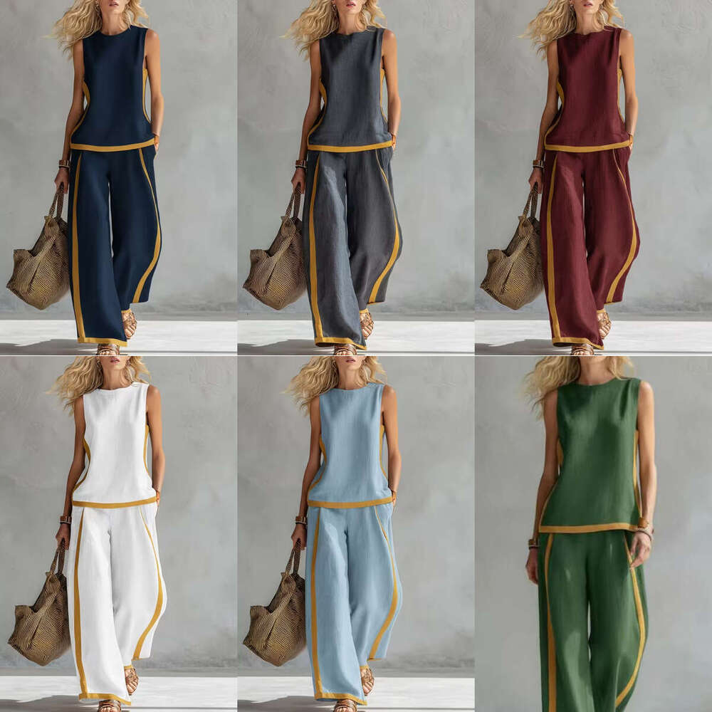 Women's Spring/Summer New Sleeveless Color-Block Tank Top And Wide-Leg Pants Two-Piece Set, Stylish For Commuting Makoufei