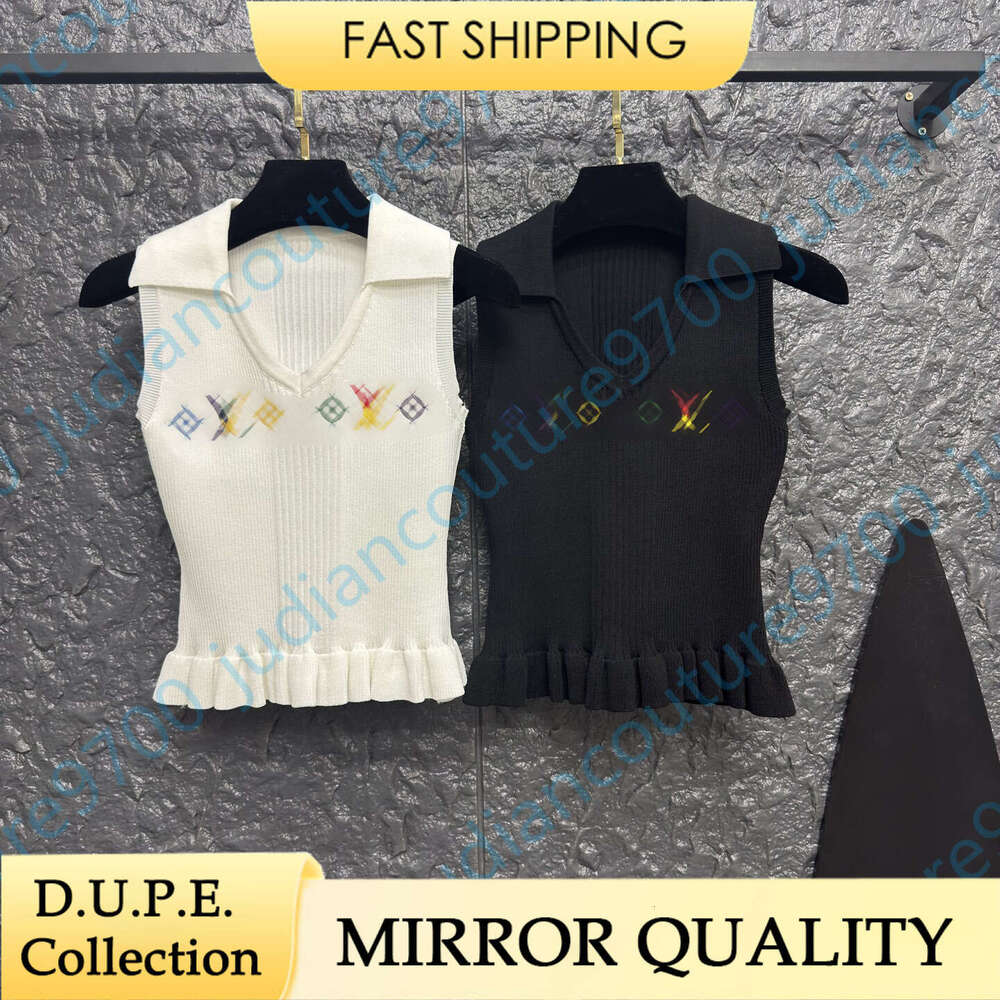 Womens Knit Tank Top designer clothes Embroidery Brand Logo Sleeveless Polo V Neck Ruffle Hem Ribbed Slim Fit Cropped Top Y2K Summer Streetwear Prem