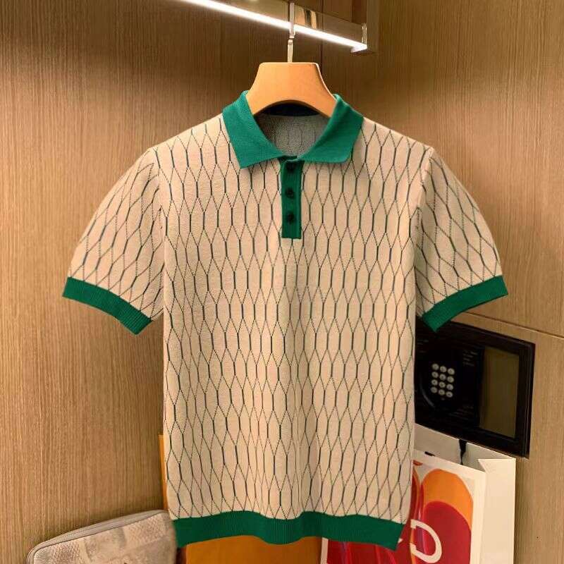 Luxury Brand Designer Clothes British Business Casual Fashion Men's Short-Sleeve T-Shirt, New Summer High-End Diamond-Patterned Turn-Down Colla