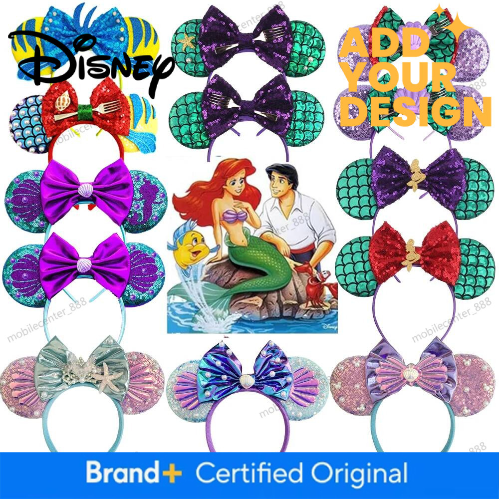 Designer Disney Mickey Mouse Ears Headbands Mermaid Series For Women Party Hair Accessories Minnie Mouse Sequins Bows Hairband Kids Gifts Luxury