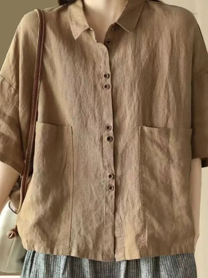 Retro Cotton Linen ort Sve Womens irt Summer Loose Casual Collar Top Faion Korean Sle Thin Material 260430