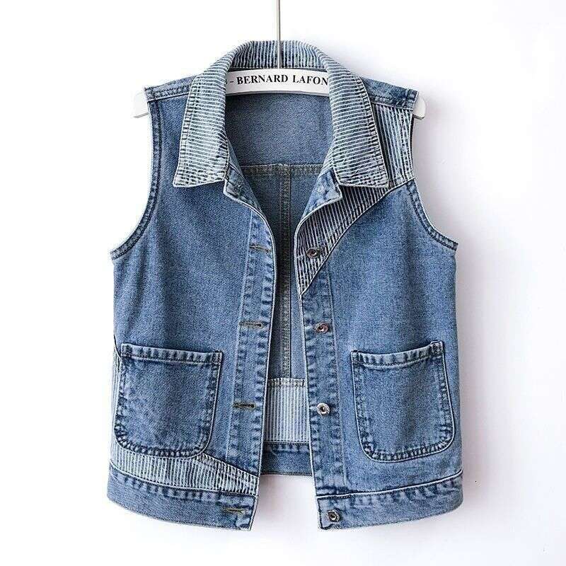 Women's Denim New Spring And Autumn Trendy Striped Patchwork Personality Versatile Short Slim Sleeveless Vest Waistcoat Makoufei