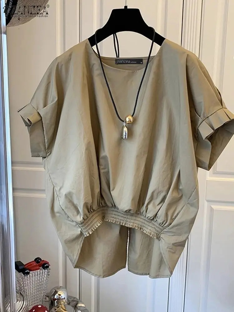 ZANZEA Women Fashion Shirring Hem Blouses Summer O Neck Short Sleeve Casual Blusas Mujer Stylish Slit Back Solid Shirt Tops 260506