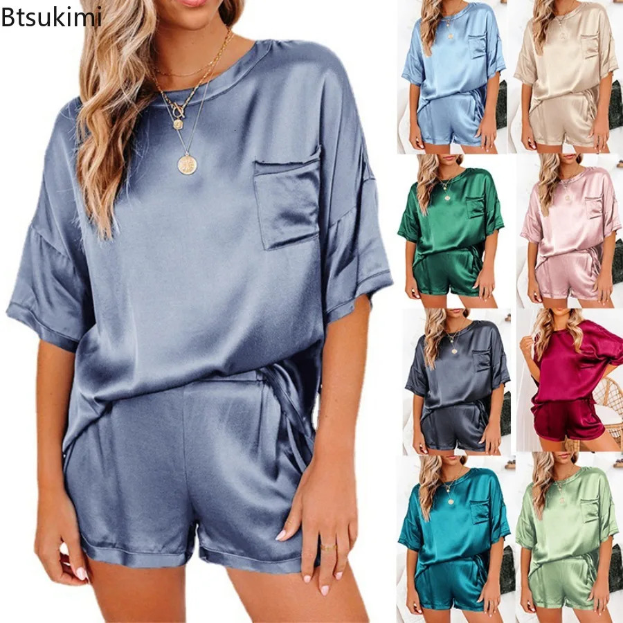 2PCS/Set 2026 Spring and Summer Women Pajamas O-neck Solid Soft Simulation Silk Homewear Short-Sleeved Casual Ladies Loungewear 260429