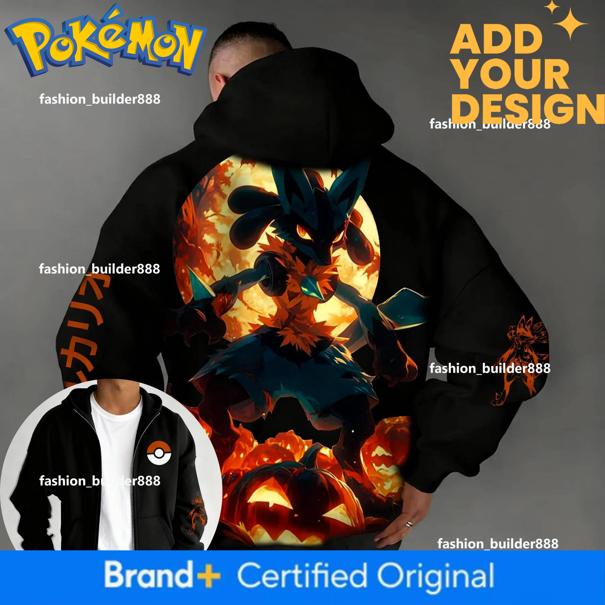 Pokemon Halloween Co Branded Zipper Hoodie 2025 Summer Men's New Lucario Anime Print P1 American Hip-Hop Casual Loose Sweater Top