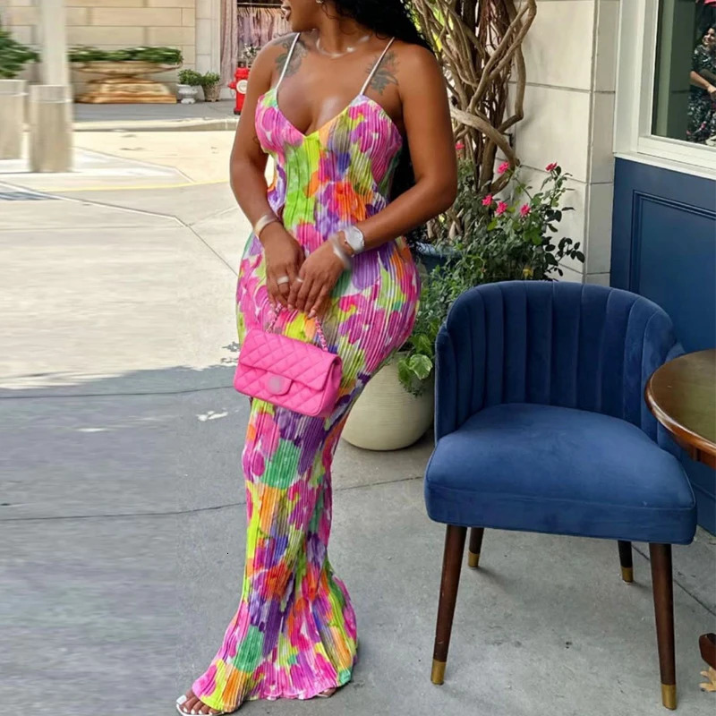 Color Printed Spaghetti Strap Maxi Dresses For Women Sexy V-neck Slim Backless Folds Dress Fashion Evening Party Elegant Vestido 260506