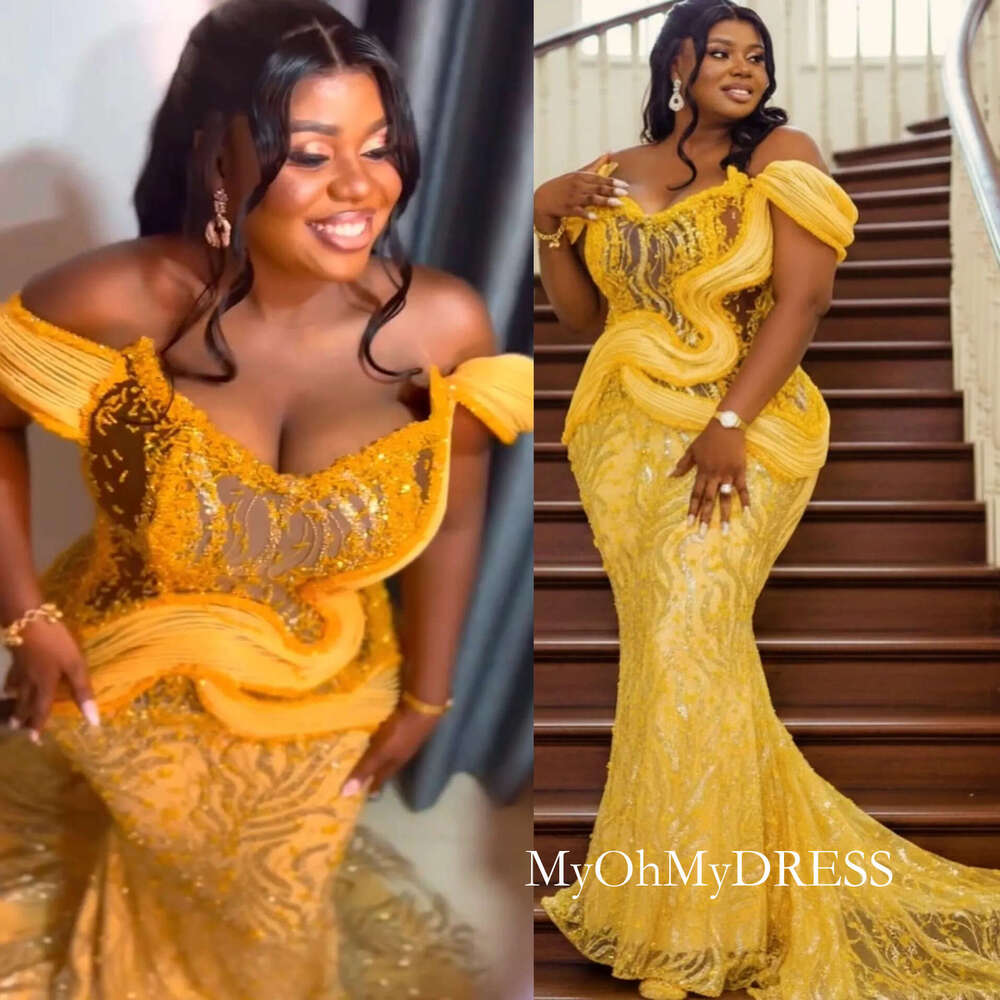 Aso Ebi Yellow Mermaid Prom Dresses 2026 Beaded Crystals Illusion Sequined Evening Formal Party Second Birthday Engagement Gowns Dress For Special O