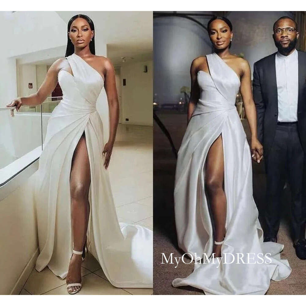White Satin One-Shoulder Wedding Dress, Capped Sleeve Crepe Bridal Gown with Side Split, Basque Waistline, Floor-Length Applique Design, Covered But