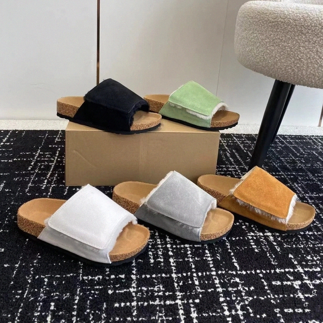 Designer Slippers Solana Slipper Shearling Slide Bone Caramel Washed Green grey black white Brown winter Add velvet Warm Ladies Womens slides 53P1#