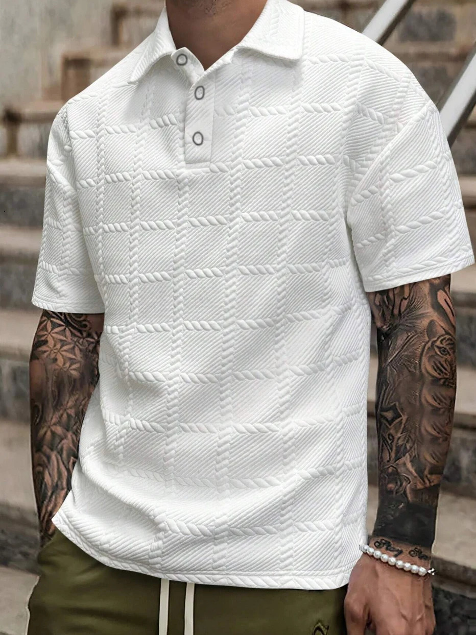 Mens Summer Trendy Short Sleeve T-Shirt Casual Fashion Lapel Shirt Daily Stylish Jacquard Small Check Pattern 260506