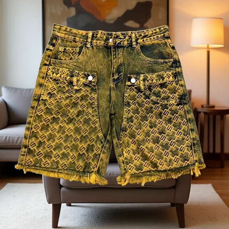 Designer 2026 Light Luxury Fashion American High Street Luxury Washed Jacquard Men's Shorts Spliced Denim Pants For Free Shipping