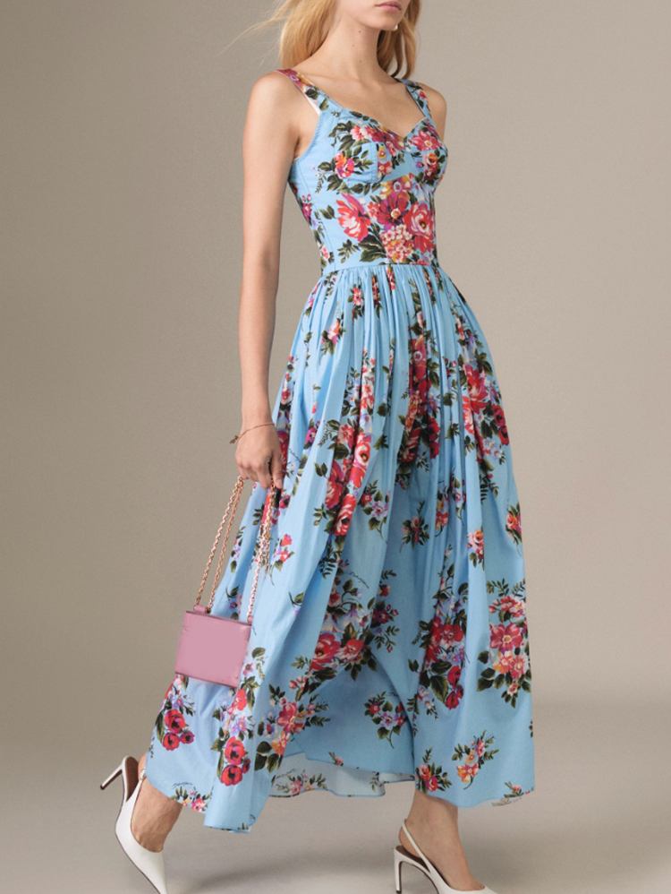Women 100% Cotton Dress Summer Fashion Spaghetti Strap Classic Flower Printing Party Holiday Vestidos Sliming Lady