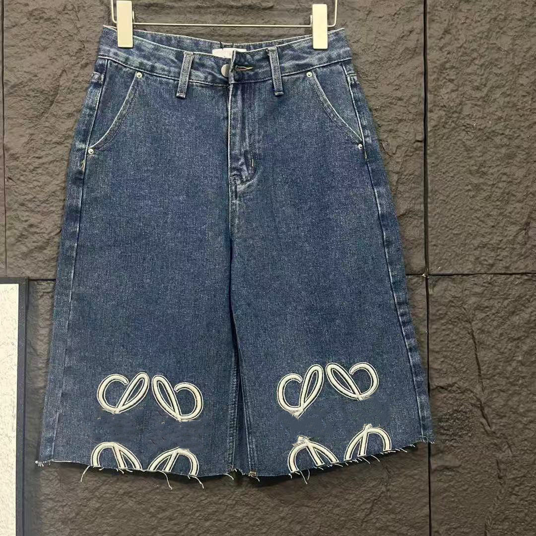 Brand letters full printed denim women's shorts with fringed edges versatile fashion casual and