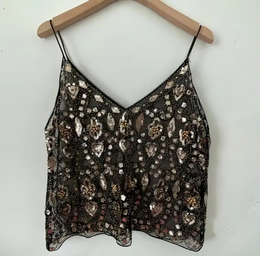 Puloru Trendy Sequins Beads Flower Pattern Vests Womens Sleeveless Open Back V Neck Camisoles See-Through Chic Summer Camis 260430