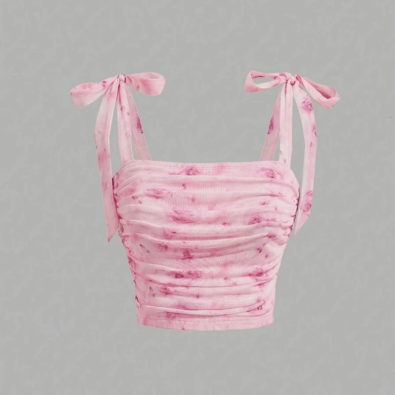 Solid Tie Shoulder Ruched Wide Strap Slim Fit Crop Top for Women Summer 2025 Y2K Clothes Pink Backless Cami Streetwear 260429