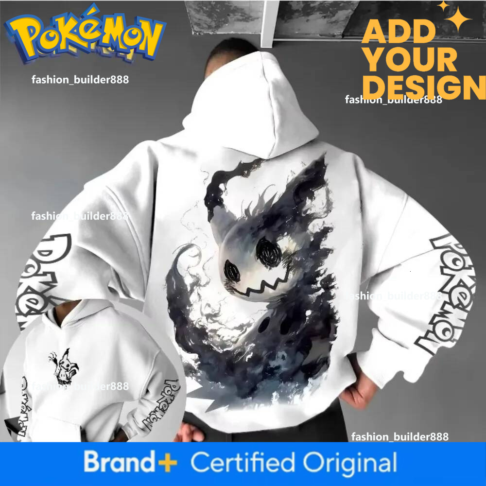 Preppy Style Men's Hoodie, Mimikyu Print Anime Hooded Sweatshirt, Tie Dye Loose Fit Pullover with Detachable Sleeves, Cotton Liner, Pillow Collar