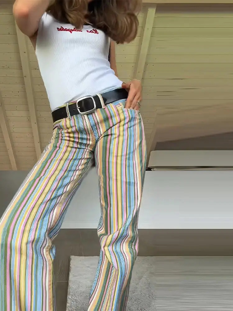 Multicolor Striped Jeans Womens Pants LowWaist WideLeg Trousers Flare Cut Retro Rainbow Casual Denim Clothes Street Wear 260506