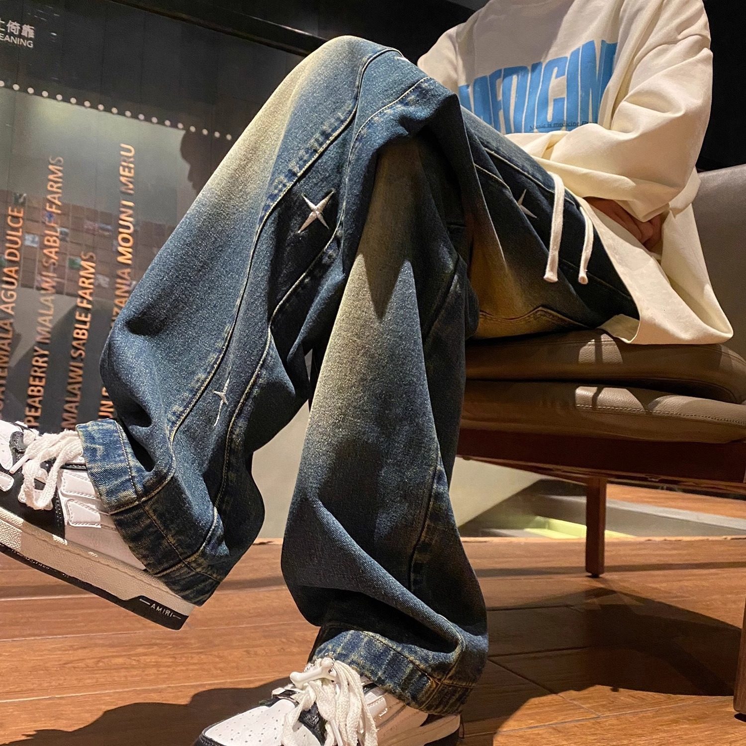 2026 New Designer Luxury Brand Men's Washed Embroidered Jeans Straight Elastic Wide Leg American High Street Pants Fashion Brand Cool Retro Dra