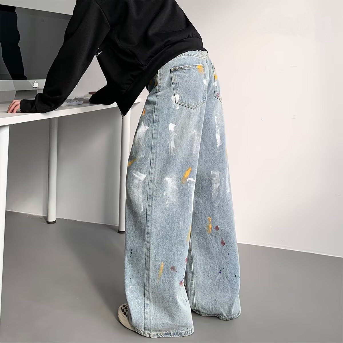 2026 New Designer Luxury Brand Men's Fashion Designer Splashed Ink Jeans Autumn American Wide Leg Loose Straight Leg Pants High-end Casual Pant