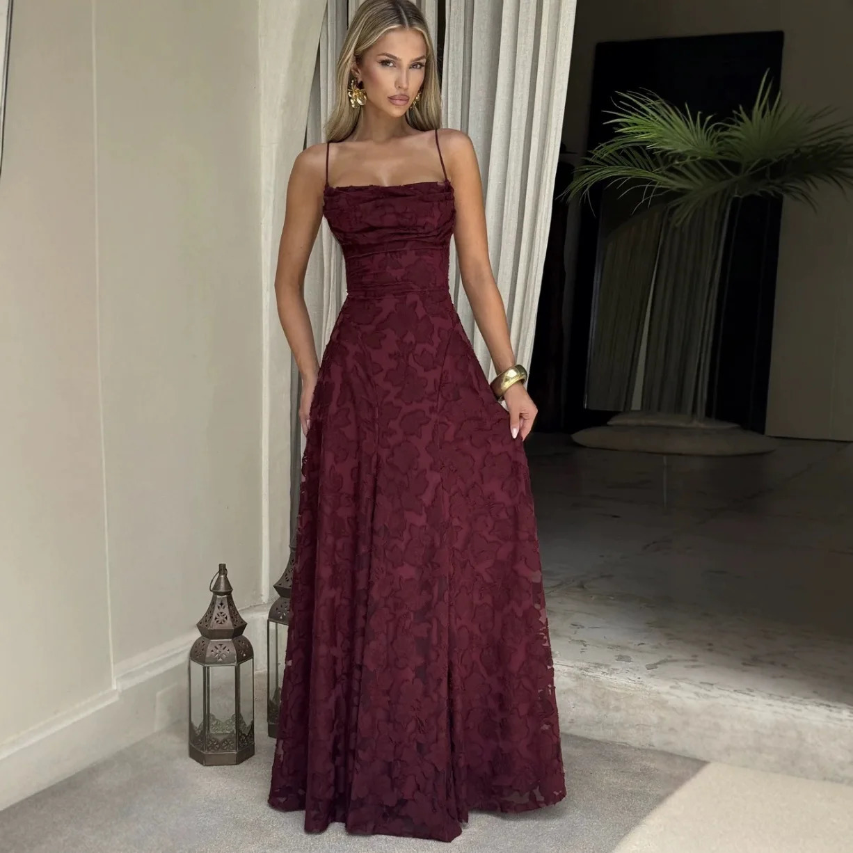 Sexy Lace Patchwork Spaghetti Strap Long Dresses Women Fashion Solid Color Backless Leace-up Banquet Party Maxi Dress Girls 260506