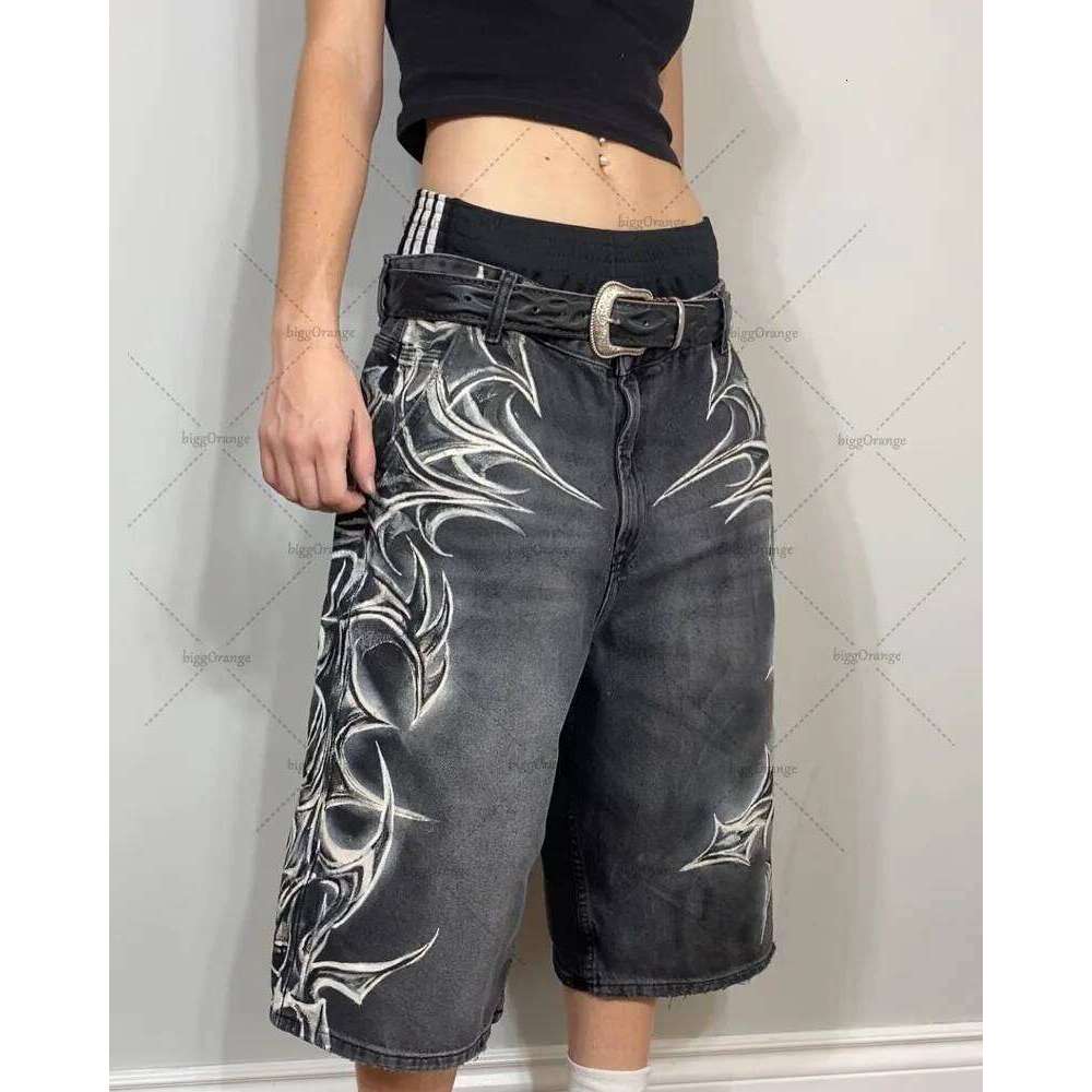 Street Hip-Hop Classic Personalized Printed Straight Loose Fashion Jeans Men Retro Haruku Y2k Casual All-Match Shorts Women