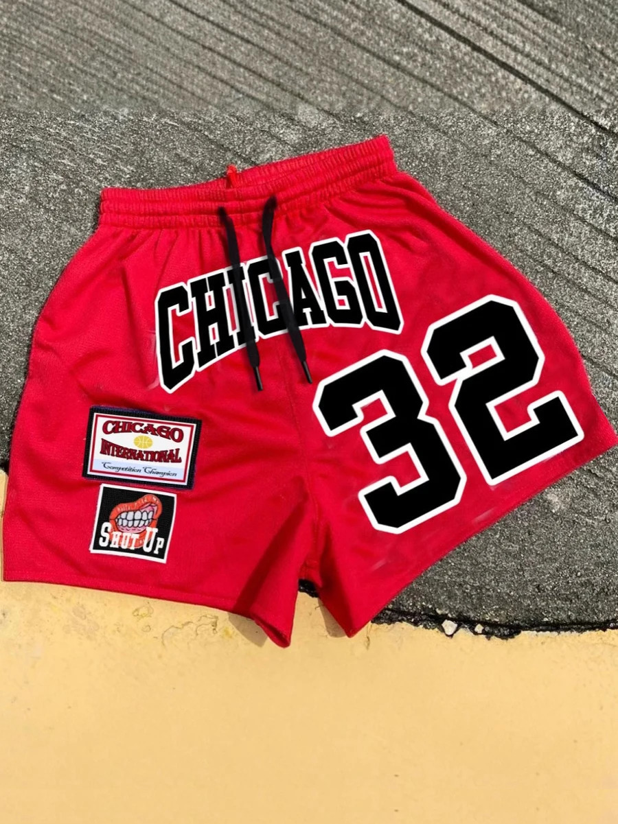 Mens Casual Red Acrylic Capris Shorts Number 32, Elasticated Waist, Summer Printed Graphic Designer Shorts
