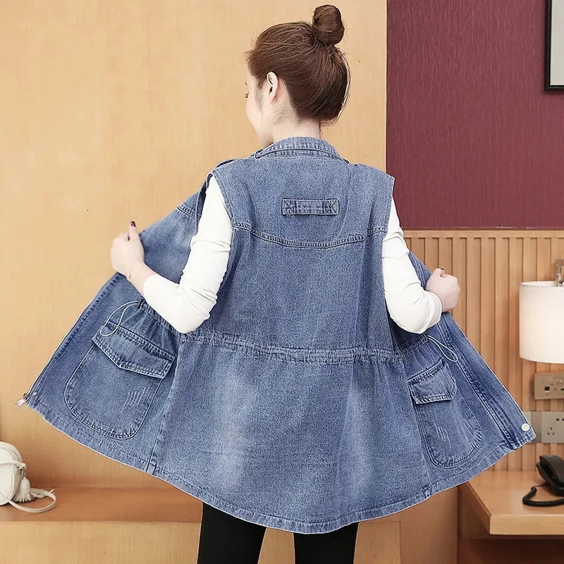 Womens Denim Vest Jacket 2025 Spring And Autumn Fashion Mid Length Version Ladies Coat Sleeveless Female Cowboy Tank Top 260430