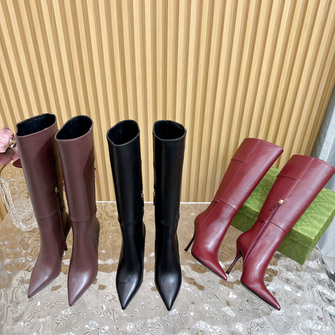 10 High-Quality Luxury Designer Women's Pointed Toe High Heel Long Boots Casual Fashion Genuine Leather Side Zipper Knee-High Boots