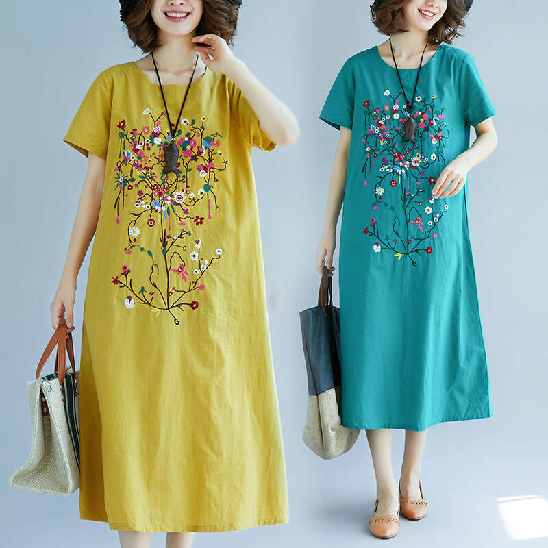 Summer new ethnic style embroidered cotton and linen women's retro art loose casual short sleeved fashionable mid length skirt new Chinese styl