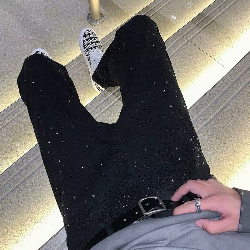 Rhinestone-studded Starry Denim Jeans For Men New Hoodie Spring And Designer T-shirt Autumn Style Trendy And Stylish Black Stretch Straight-leg Polo