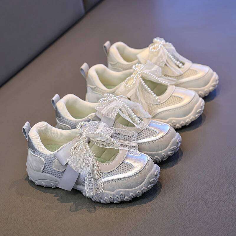 2026New Summer Kids Sport Sneakers for Girl Pearl Lace Mary Jane Flats Lightweight Non-Slip Back To School Children Running Sandals 26H0506
