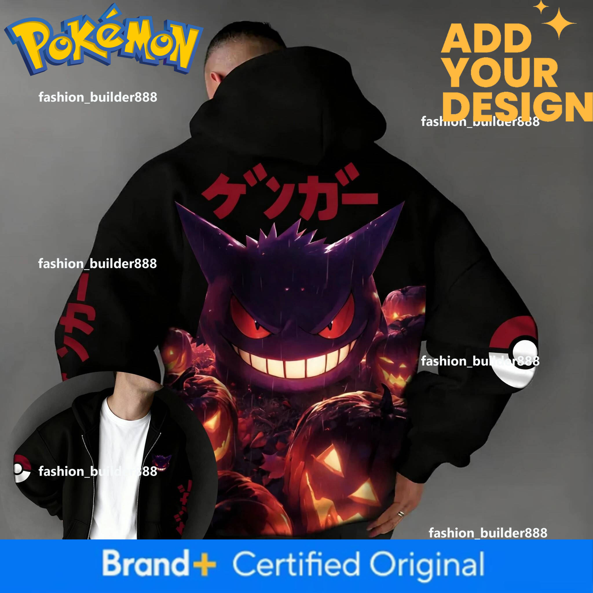 Minimalist Men's Black Gengar Print Short Sleeve Hoodie, Loose Fit Zipper Sweatshirt with Detachable Cotton Liner