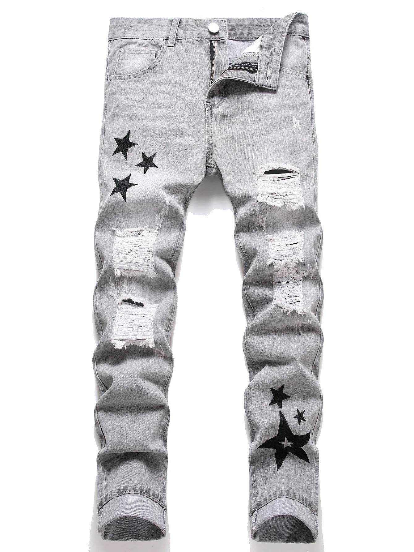 Y2K Mens Jeans - Fashionable Gray Mid-Rise Straight-Leg Ripped Embroidered Vintage Washed Street Denim 260506