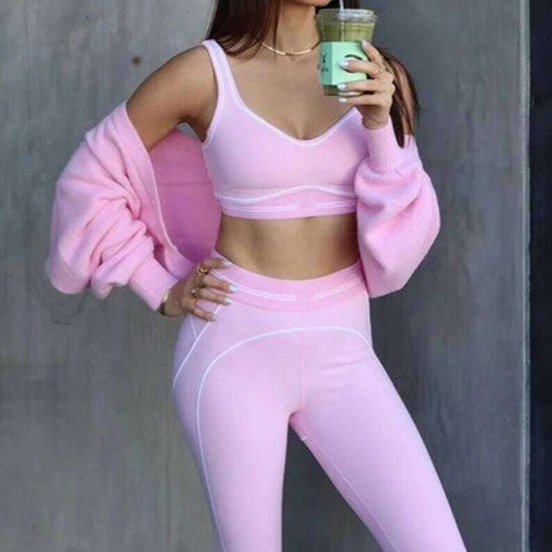 Yoga Sport Women Workout Fitness Exercise Suit High Waisted And Hip Lifting Pants Tank Top Two Piece Set Line Decoration Sportswear Set