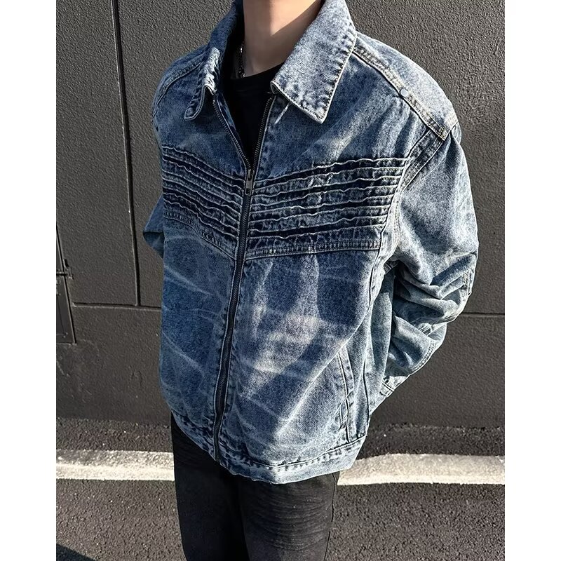 Mens Clothing Vintage Letter Zipper Denim Jacket Mens Spring And Fall Lapel Washed Biker Jacket Outerwears Coats Y2k 240913