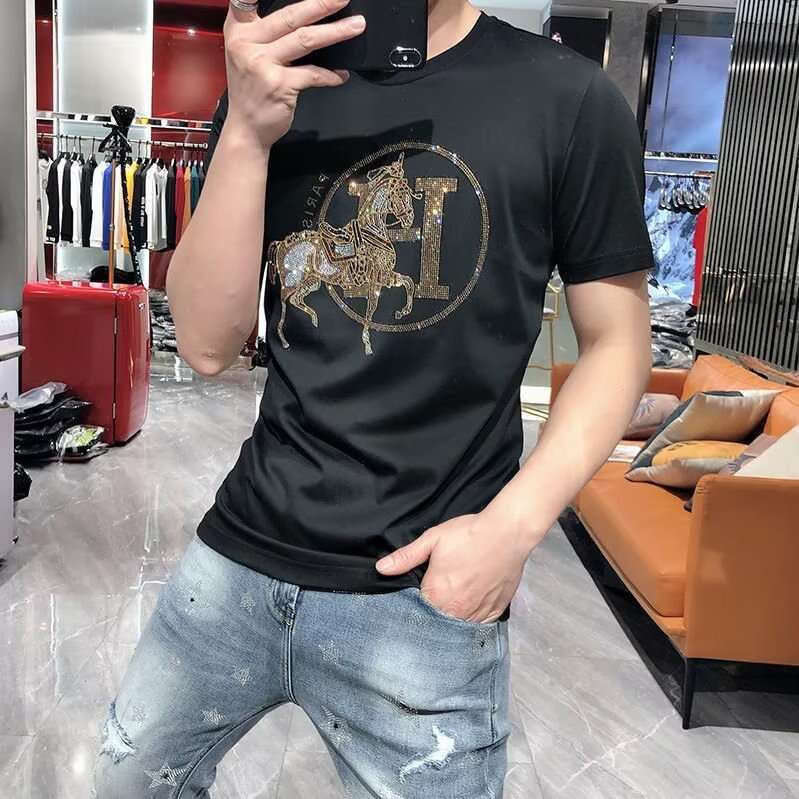 Men's Short-Sleeve T-Shirt, Trendy Summer New Style, Personalized And Stylish, With Rhinestones, Handsome For Young Men, Plus Size, Basic Shirt