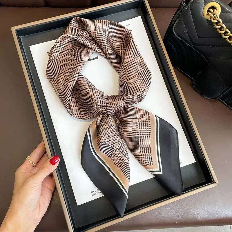 Luxury Floral Print 70cm Silk Square Scarf Women Soft Satin Kerchief Hairband Head Hijab Headband Foulard Bag Ribbon Neck Ties 26Li0505