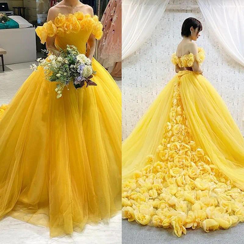 2026 Yellow 3D Flowers Princess Quinceanera Dresses Off The Shoulder Long Train Tulle Masquerade Ball Prom Dress Sweet 16 Birthday Party Gown