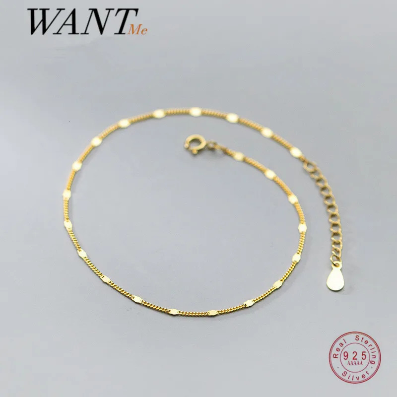 WANTME Genuine 925 Sterling Silver Fashion Simple Silver Piece Link Chain Anklet for Women Punk Hip Hop Korean Party Jewelry 260506
