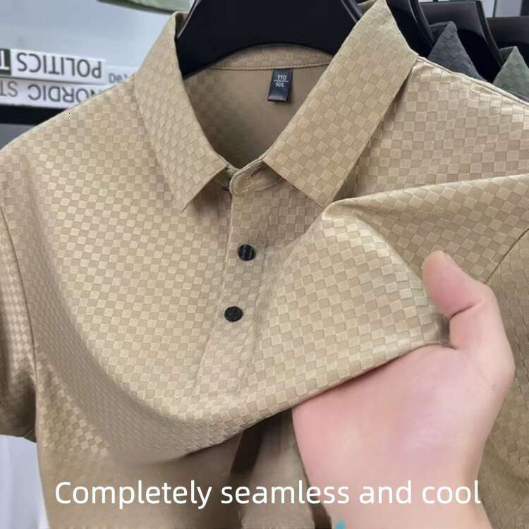 Summer New With A Turn-Down Collar, Breathable, Lightweight, Jacquard Plaid, Cool-Touch Polo Ice Silk Short-Sleeve Men's T-Shirt