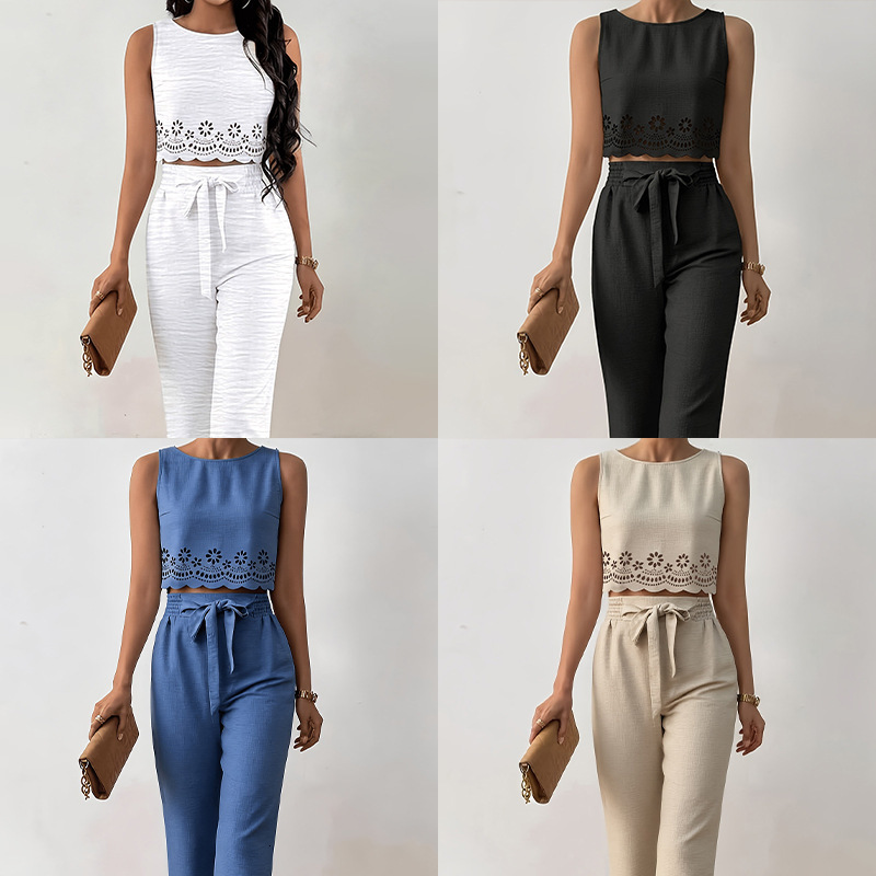 Hollowed-out solid color round-neck sleeveless loose top with tie-waist wide-leg pants womens fashion tank top and pants set
