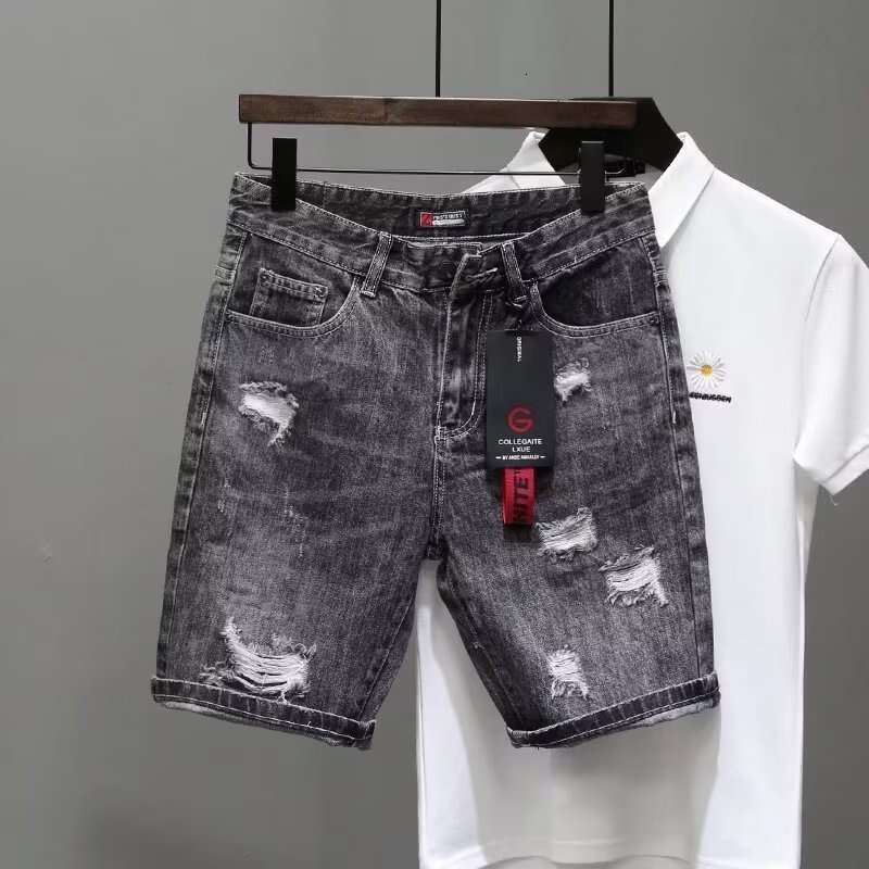 Designer 2026 Ash Gray Denim Luxury Shorts For Men, Trendy Brand Embroidered Pants, Summer Korean Style Men's Shorts, Popular Among Young Peopl