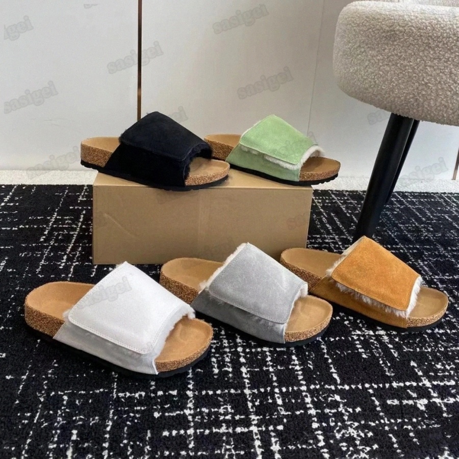 Designer Slippers Solana Slipper Shearling Slide Bone Caramel Washed Green grey black white Brown winter Add velvet Warm Ladies Womens slides O223#